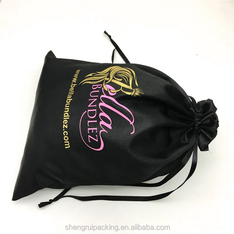 Custom black silk satin hair weave bags with gold logo