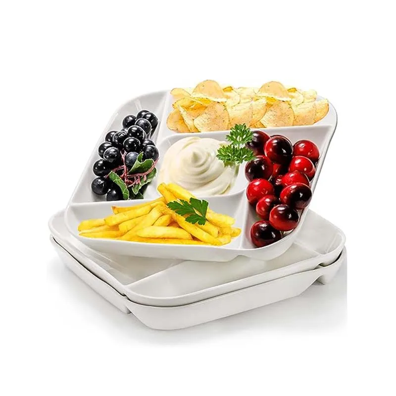 3 Pack  Ceramic Chip and Dip Serving Tray Porcelain Divided Serving Platter 5-Compartment  Stoneware Relish Fruit Dish