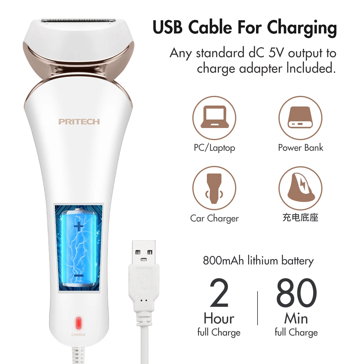 PRITECH Stainless Steel Blade Waterproof USB Charing Electric Body Lady Shaver With Smart Led Light