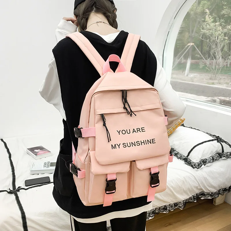 5 Pcs/Set High and Junior School Students Simple Campus Backpack Large Capacity Multi-function Canvas Schoolbag Set