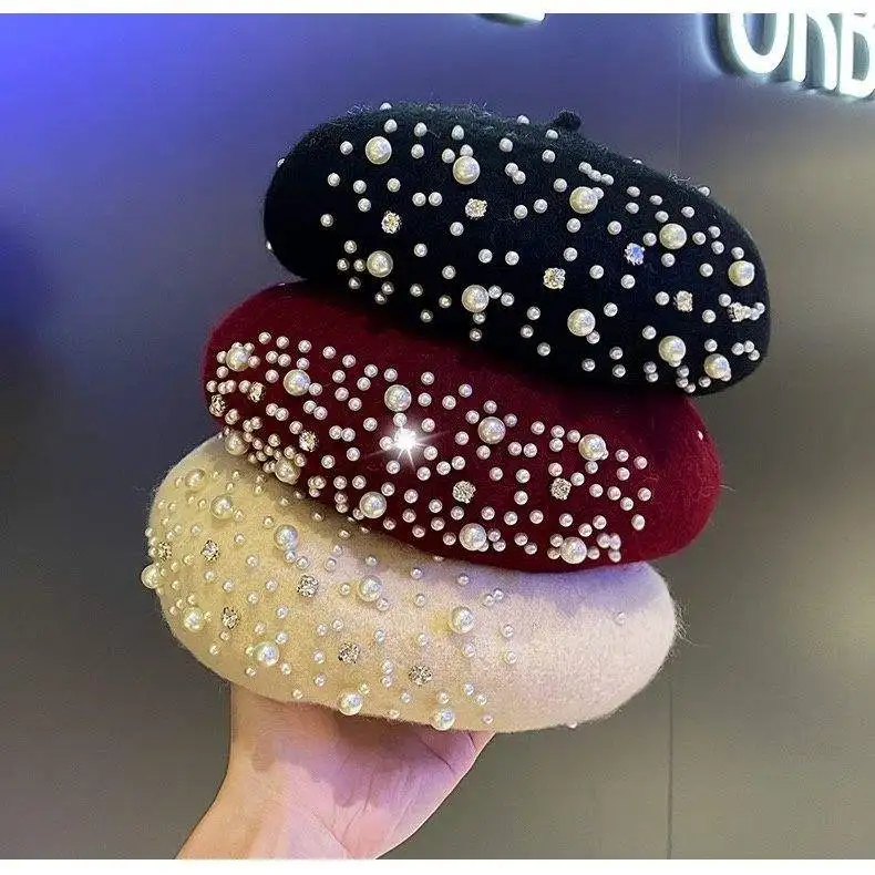 High Quality Winter Autumn Wool Beret Cap for Women Trendy French Style berets with Pearl Zircon Ball Custom Logo Keeps You Warm