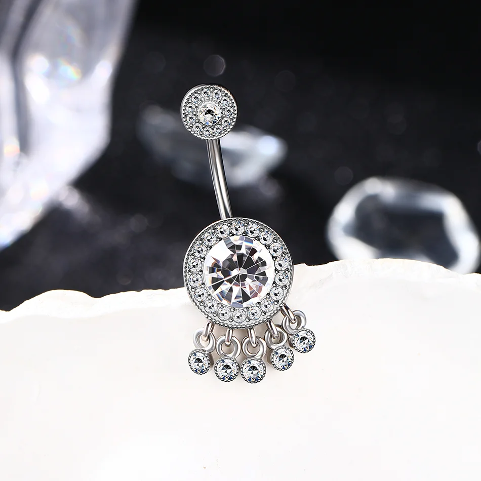 Body Jewelry Internally Threaded Surgical Steel Large Double Tier Pave CZ Belly Ring With Little Diamond Paved Jewelry