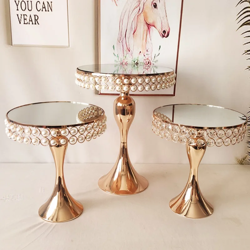 Wholesale gold new metal Mirror Crystal  cake stand glass wedding cake stand for wedding birthday party supplies