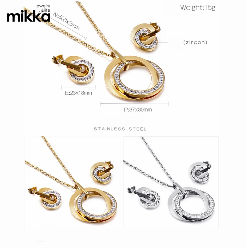 Lady Stainless Steel Jewelry Wedding Gift 18K Gold Dubai Jewelry Set Zircon Charm Necklace Earring Jewelry Set