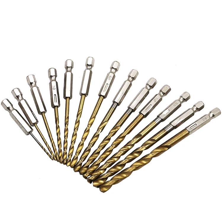 
13pcs metric size blister card titanium coated hex shank hss drill bit for metal wood plastic drilling 