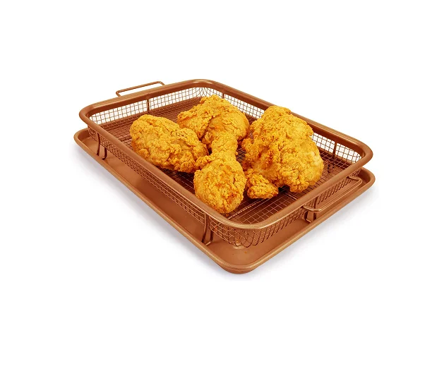 Non-Stick  Rectangle Durable  Baking Tray with Grill Crispy Basket,2 Piece  Air Copper French Fries Fryer mesh Pan in oven