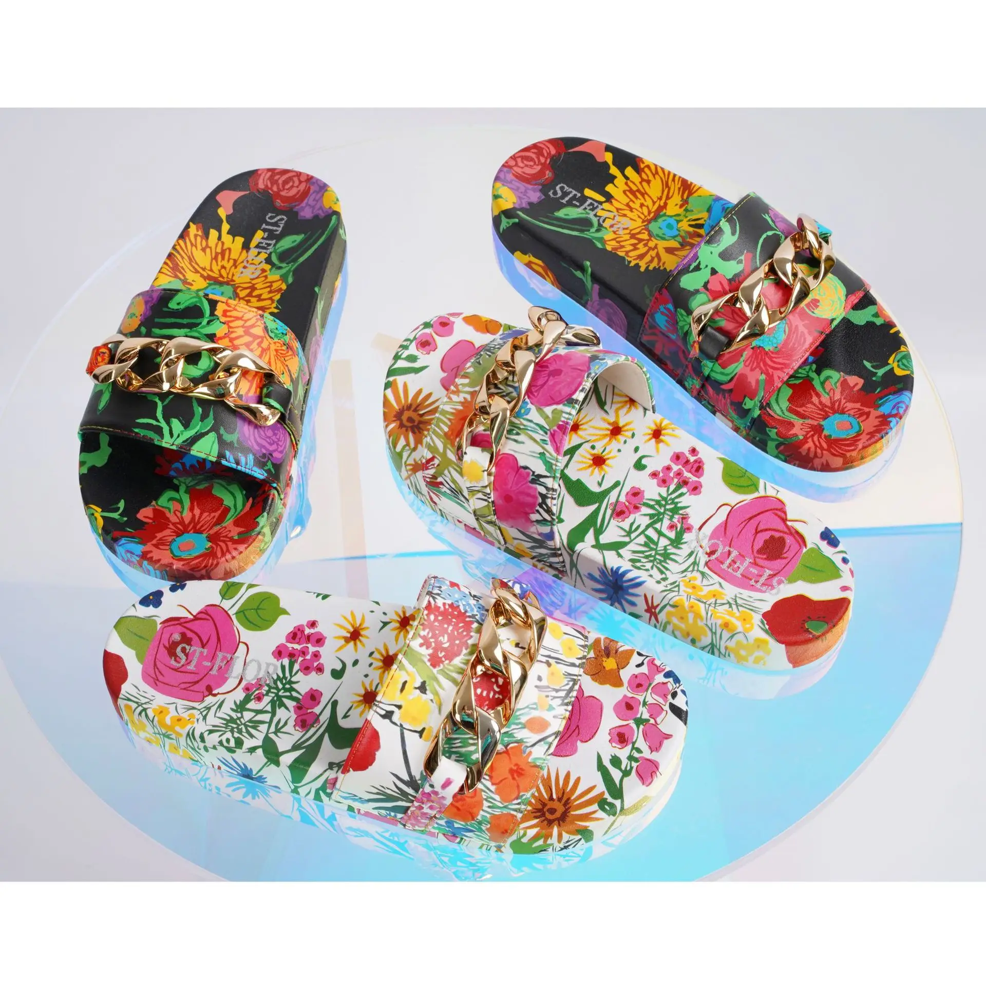 Amazing Comfortable Slippers!! Colorful Flower Patterns Summer Women Slides Chain Soft Floral Design Women Flat Slippers