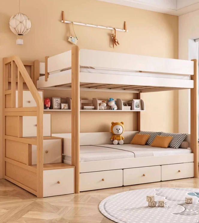 Modern Luxury Two-Layer Multifunctional Bunk Bed Full Solid Beech Wood for Children and Parents for Home and School
