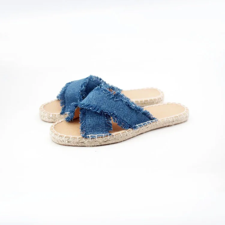 Wholesale Fashion Woman Outdoor Summerjeans Flat Sandale Espadrille,Handmade Jute Shoe,Espadrille Mules