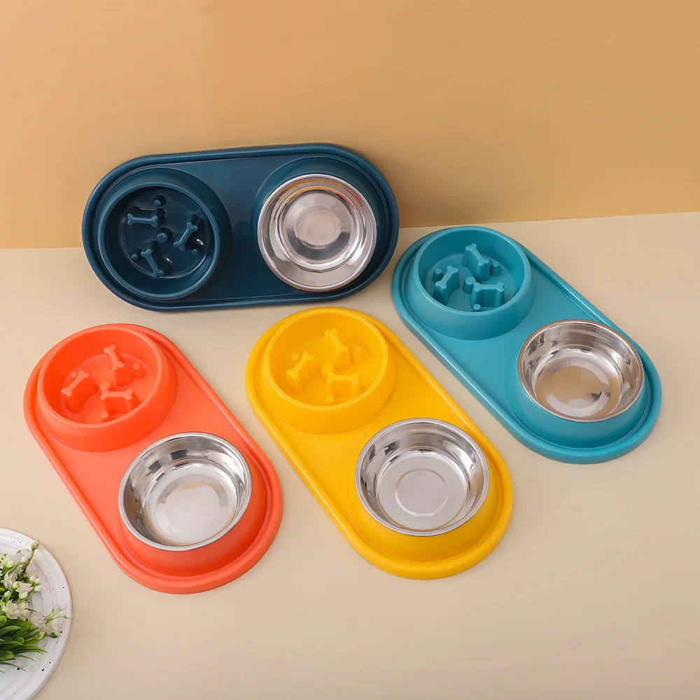 Pet Double Slow Feeder Food Water Bowls Stainless Steel Custom Outdoor Silicone Pet Double Bowl