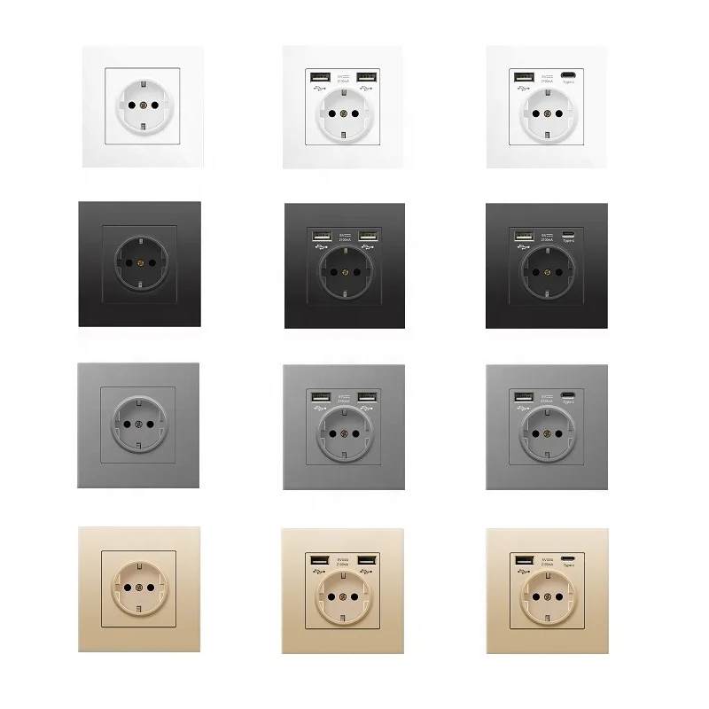 PC EU Socket German Wall Sockets Electrical 16A 250V PC Panel White Black Gold Grey USB Type C