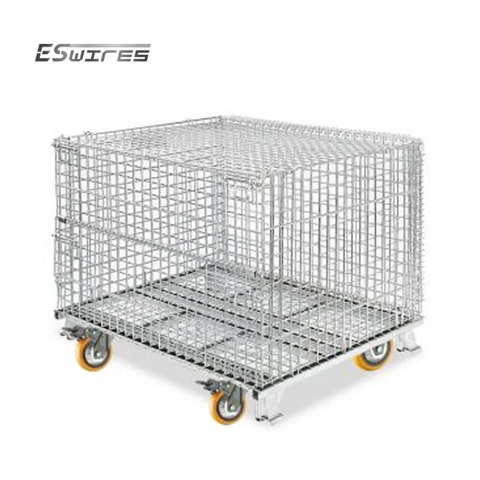 Hot sale industrial storage stackable collapsible wire mesh warehouse basket pallet with top lid