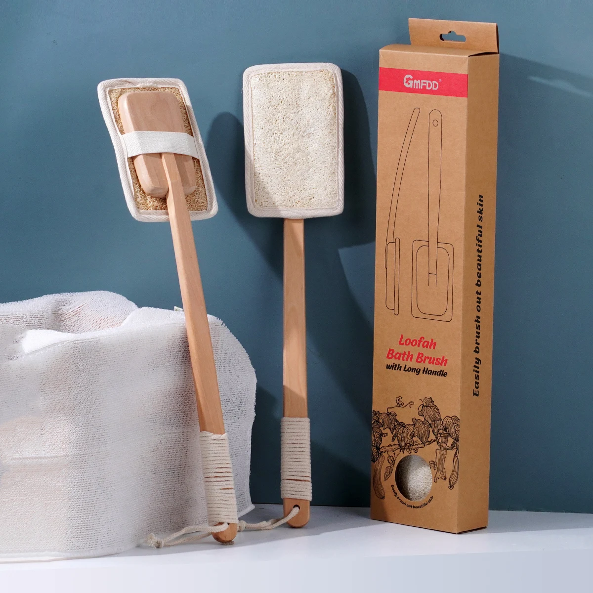 Double sides loofah Natural Exfoliating Loofah Luffa Back Sponge Scrubber Brush with Long Wooden Handle Bath Spa Detachable