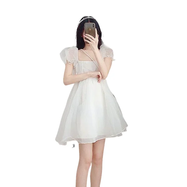 Fugitive Princess Sweet Dress Female Korean Edition Summer Vacation Two Piece Square  Bubble Sleeve Mesh Small Short Dress