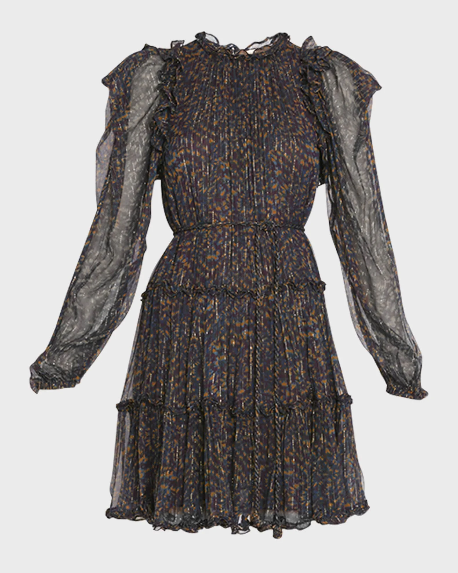 Custom Lady Elegant Slim Crew Neck Long Puff Sleeves Tiered Ruffle Skirt Fall Casual Women Mini Dress