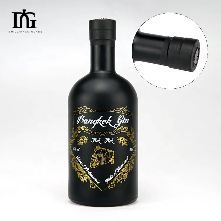 Liquor Bottles Matte Black Glass  round 375ml 500ml 750ml Spirit Bottle Glass Vodka Bottle with lid