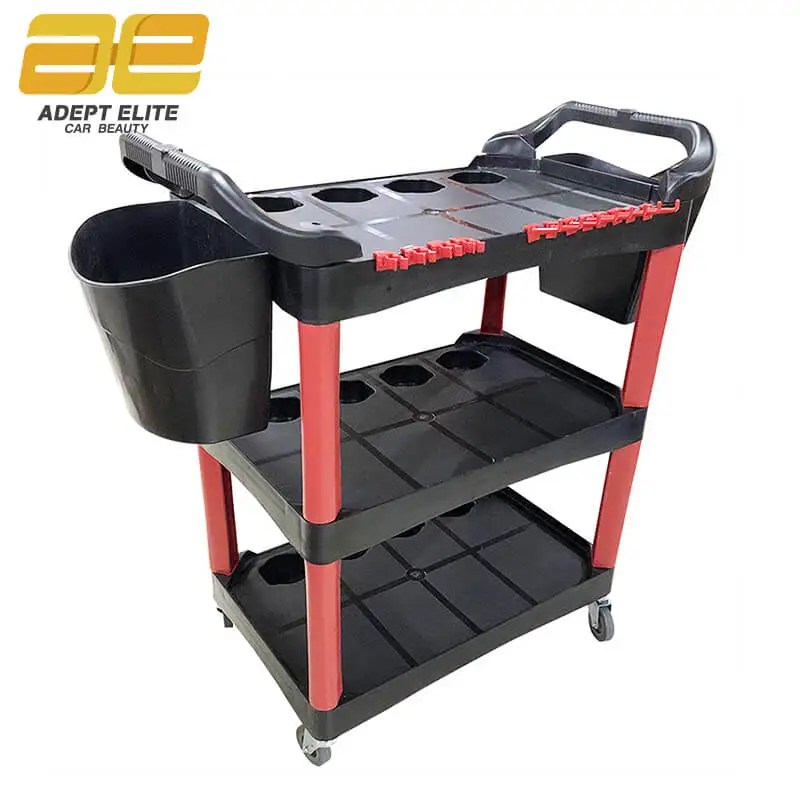 Multi-Purpose Auto Beauty Trolley Garage Car Washing Shop Three-Story Auto Beauty Tool Cart with Bucket and Blottle Hook
