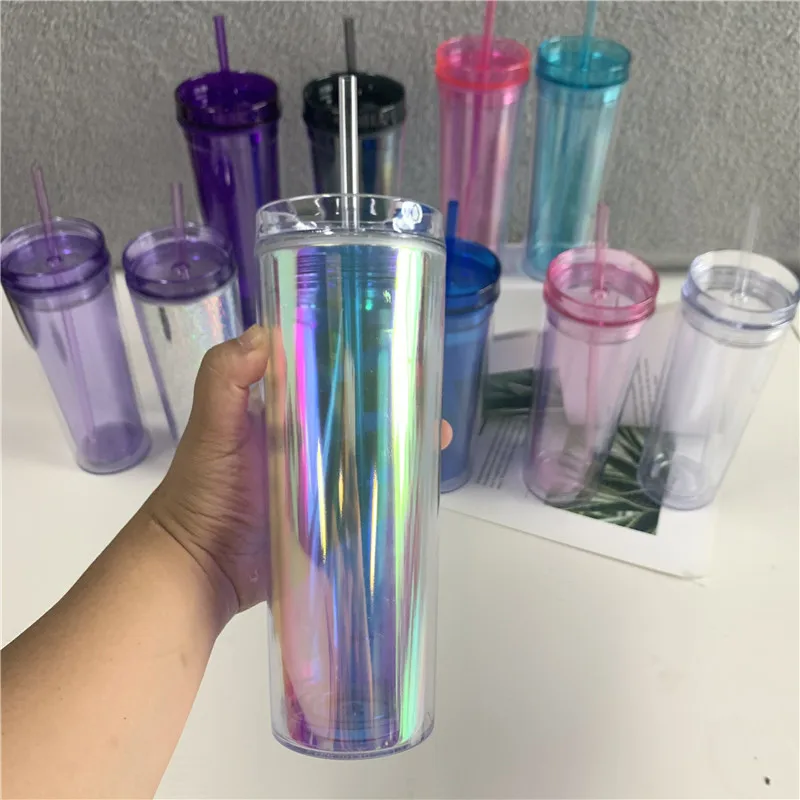 Clear Drinkware 16oz 19oz 20oz Insulated 10 colored Laser holographic Glitter Bomb Plastic Straight cups With lids and straws