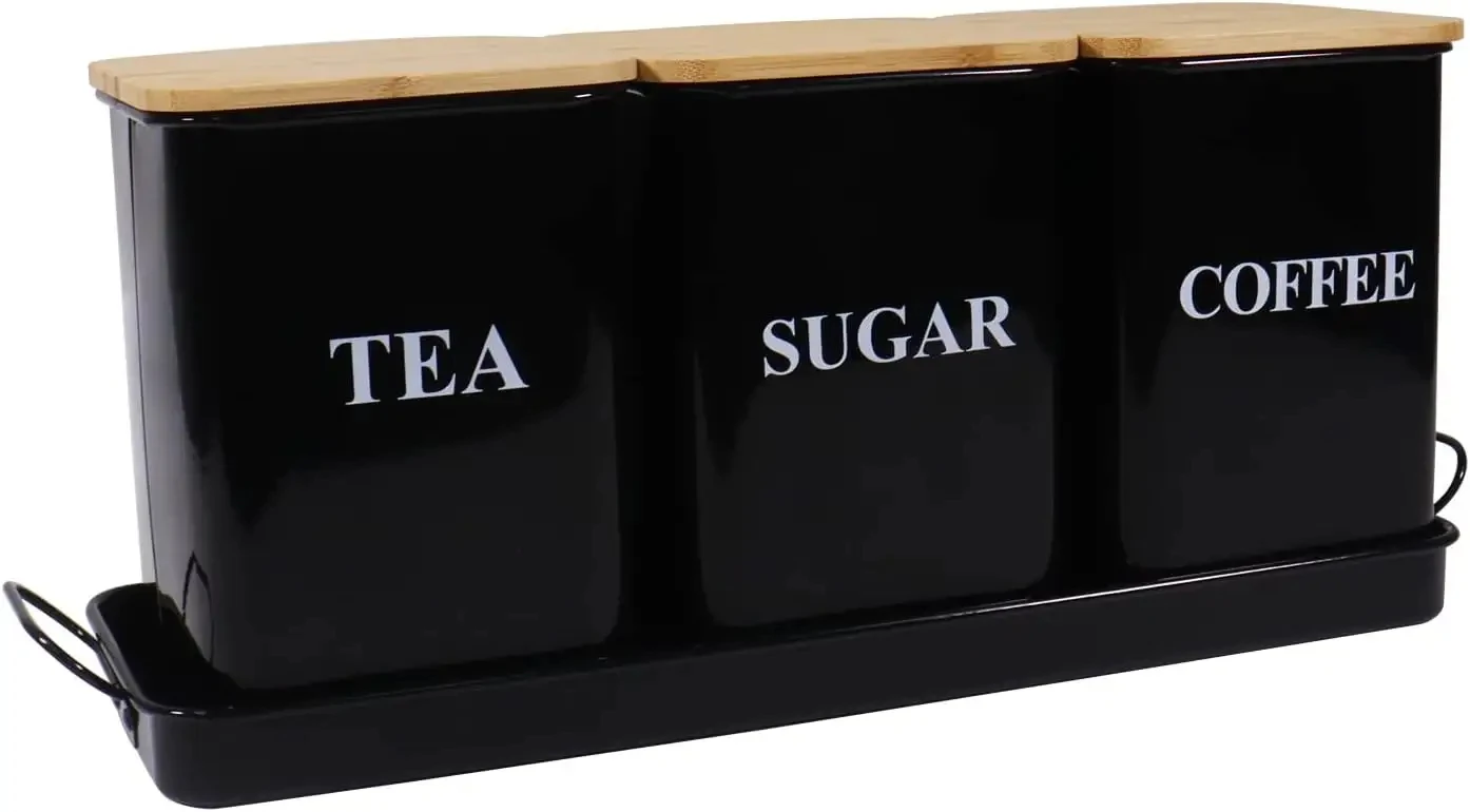 Tea Coffee Sugar Canisters Set With Tray Metal Storage Box For Coffee Kitchen Storage Jars with Wooden Lid
