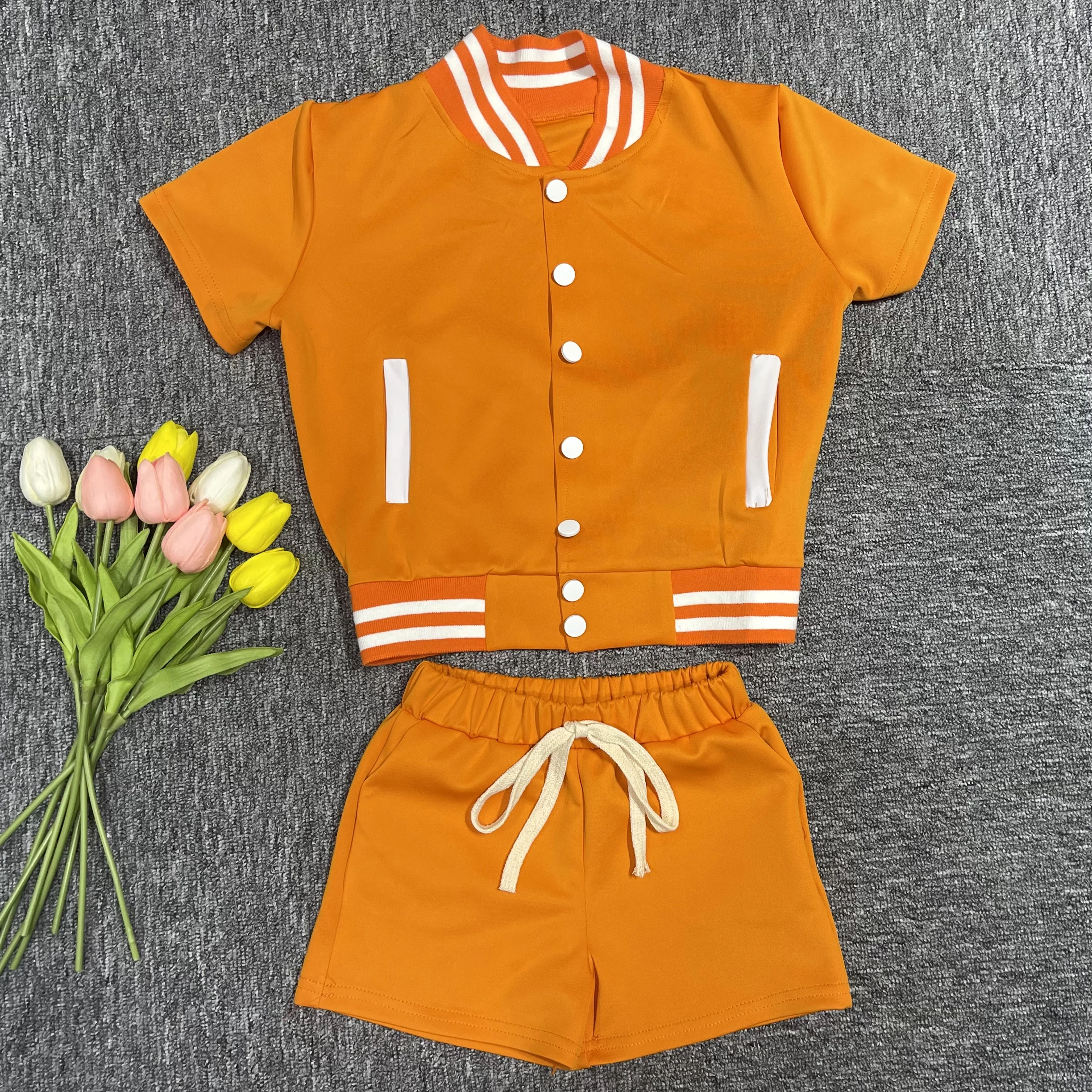 Kid Clothes Wholesale Girls Sports Suit Hot Sale Spring Preppy Style Baseball Jacket Short Skirt Two-Piece Set Children Clothing