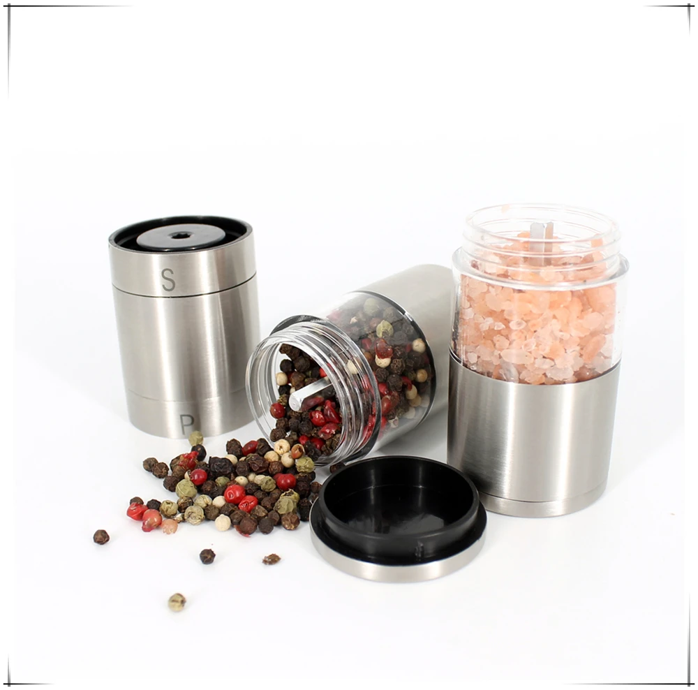 2-in-1 Dual Manual Salt and Pepper Mill Double-Ended Design with Metal Ceramic Plastic Materials Boxed Home Use Handle Style