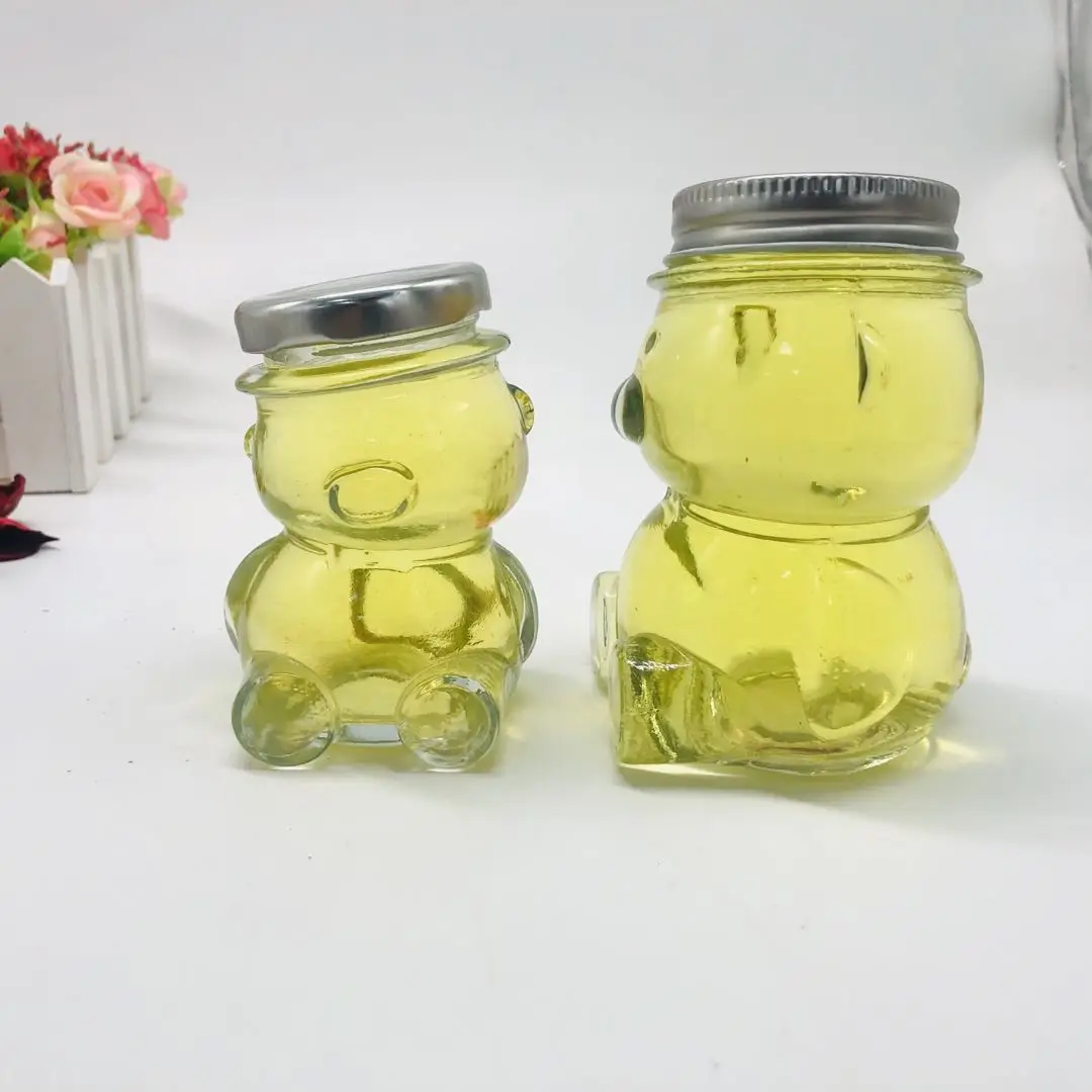Unique Design Animal  Bear Shape Glass Container Honey Jar Pot Jam Sauce Food Packing Bottle with Screw Lids