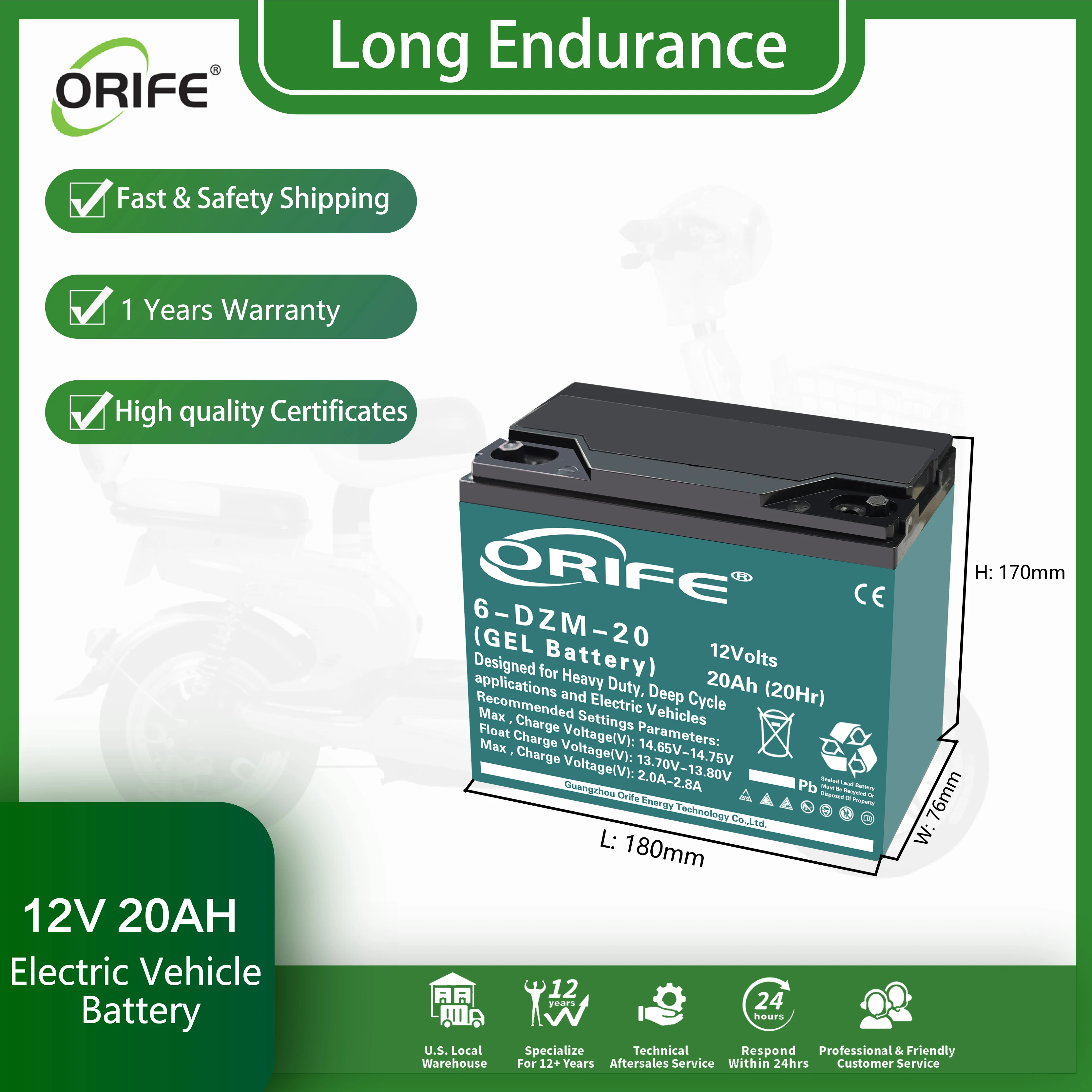 Orife full capacity 6-DZM-20 12V 24v 48v 20ah bike battery for scooter and ebike conversion kit