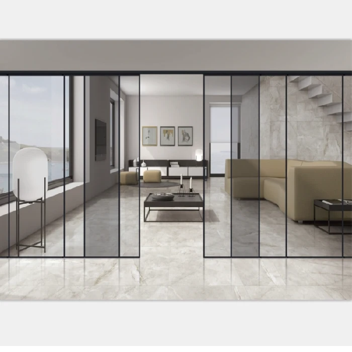 Topwindow Customized Tempered Glass Soft Closing Black Metal Narrow Frame Sliding Door Interior Glass Door For Bedroom
