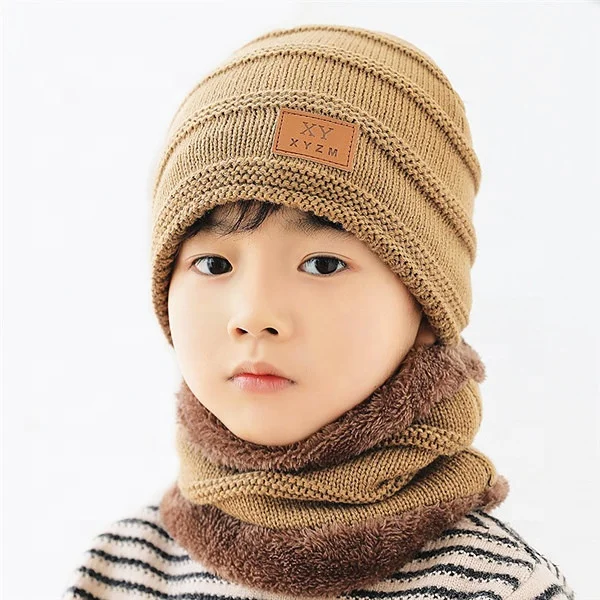 Детский комплект из двух предметов теплая вязаная шапка и шарф шерсти флиса для защиты ушей зимний сезон 2021