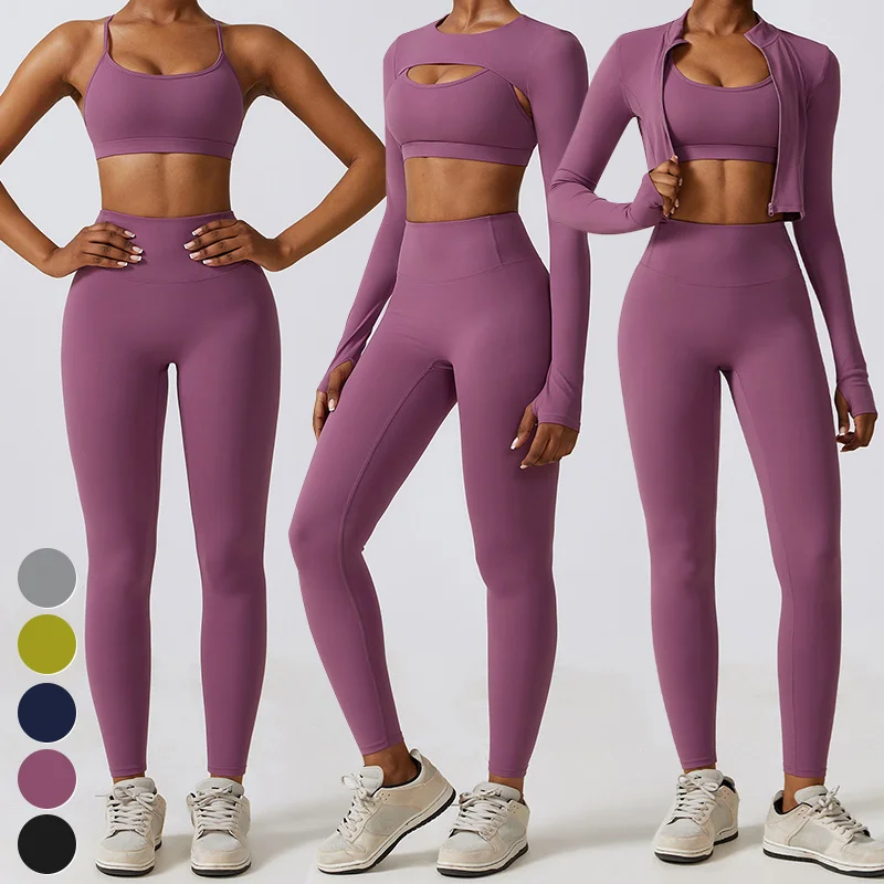 High Quality Sportswear 3 Piece Suit Quick Dry Breathable Women Clothing Gym Fitness Sets Sports Bra Crop Top Leggings Yoga Set