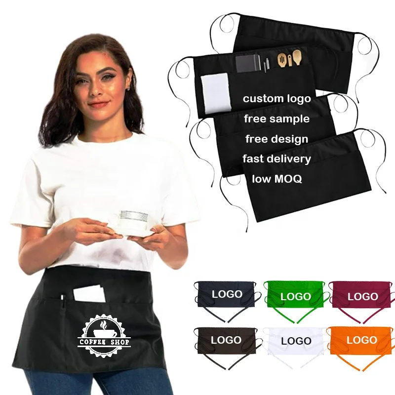 Custom Logo Half Waist Aprons Restaurant Short Waiter Aprons with Pockets Kitchen Barista Chef Apron for Outdoor BBQ