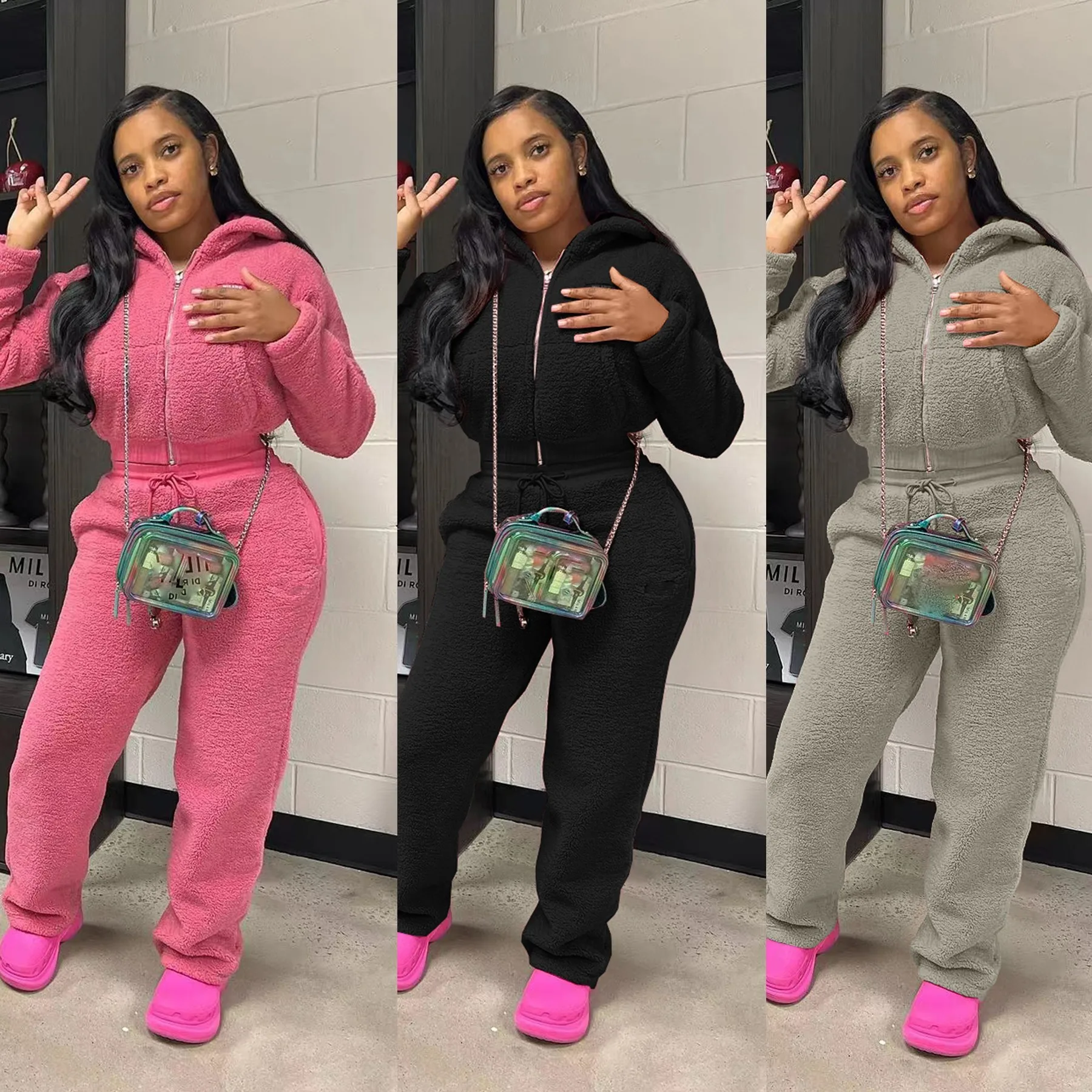 Fur Jackets Tops 2 Piece Pant Sets 2024 Women Winter Fashion Thick Warm Matching Clothes Two Piece Pant Set