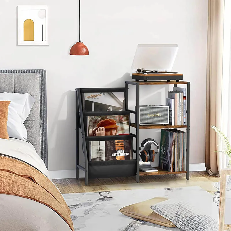 Home Living Room Furniture Steel Wood Vinyl Table with Record CD Storage Rack Shelf Magazine Rack Player Stand