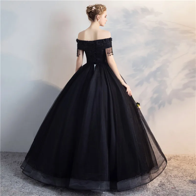 New Hot Sale Bridal Lace Fringe Wedding Prom Party Gorgeous Black Dress Ball Gown