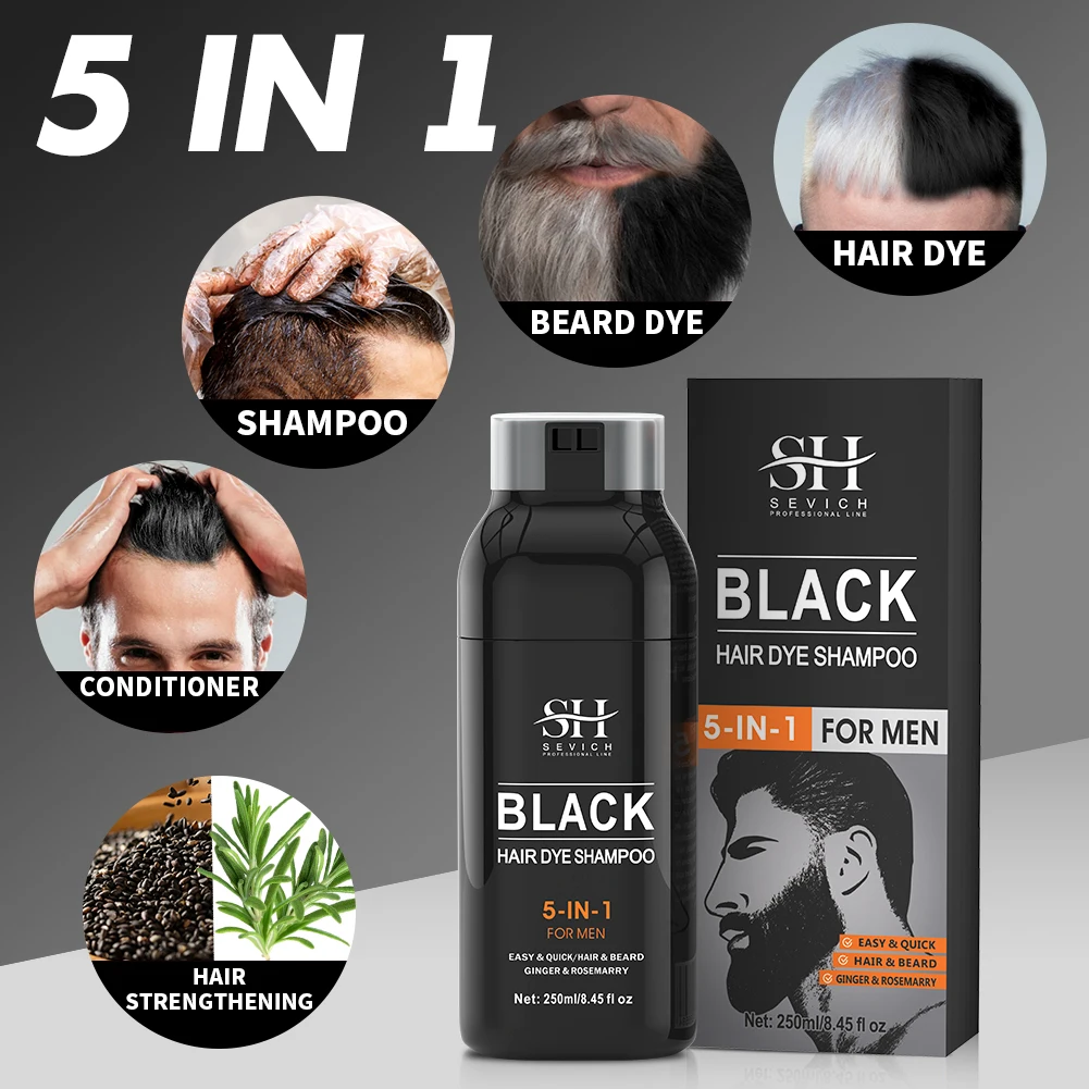 5 In 1 Black Beard Hair Dye Herbal Rosemary Ginger Extract Black Hair Growth Shampoo With Conditioner