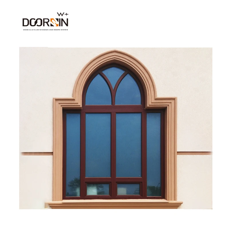 NFRC Certified Modern Wooden Windows For House Security Windproof Special Shapes Arch Top Grid Line Fixed Windows