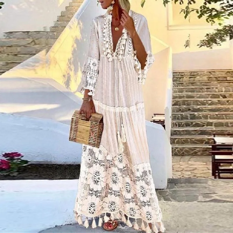 Cotton Long Dress Long Maxi Elegant Casual Bohemian Style Lace Tassel Stitching Beach Dress