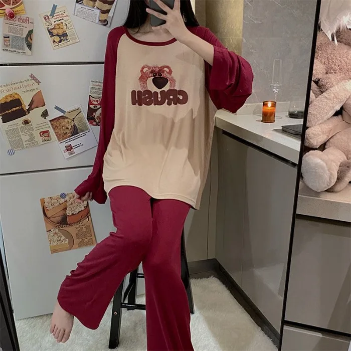 Autumn and Winter Cute Strawberry Bear Long Sleeve Pants Pajamas Cartoon Round Neck Loose Casual Sweet Live Home Clothes