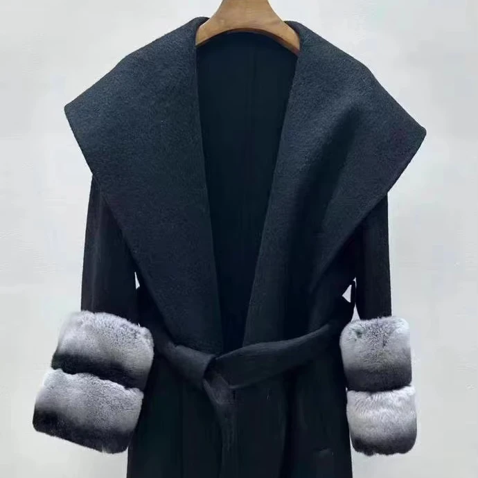 European fashion winter wool coats  Fashion wool and rex chinchilla   fur trimming overcoat
