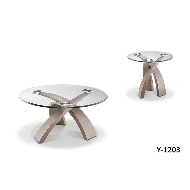 Modern Simple Art Stylish Furniture High Gloss Transparent Glass Top Gold Color Metal Legs Round Centre Coffee Table Set