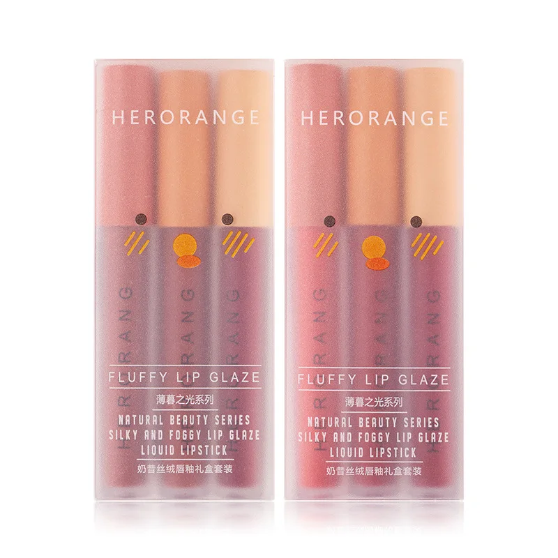 HERORANGE 3pcs Per Set Lip Glaze Gift Box Velvet Matte Lip Gloss Waterproof Non-stick Cup Liquid Lipstick