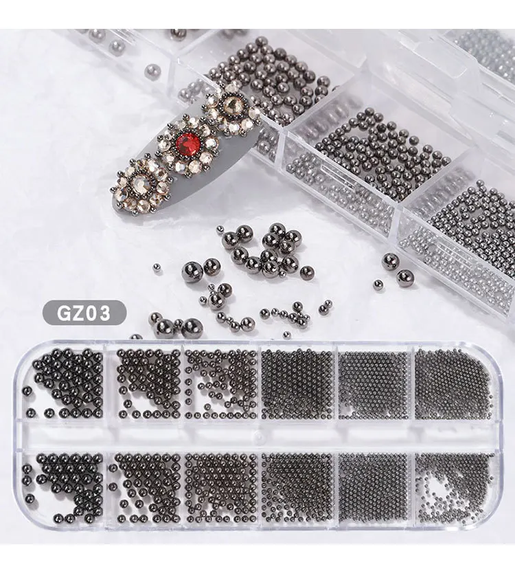 Mini Small Stainless Steel Caviar Beads Nail Rhinestones 12Grids/Box Mixed Size Silver Rose Gold Micro Ball Nail Art Charms