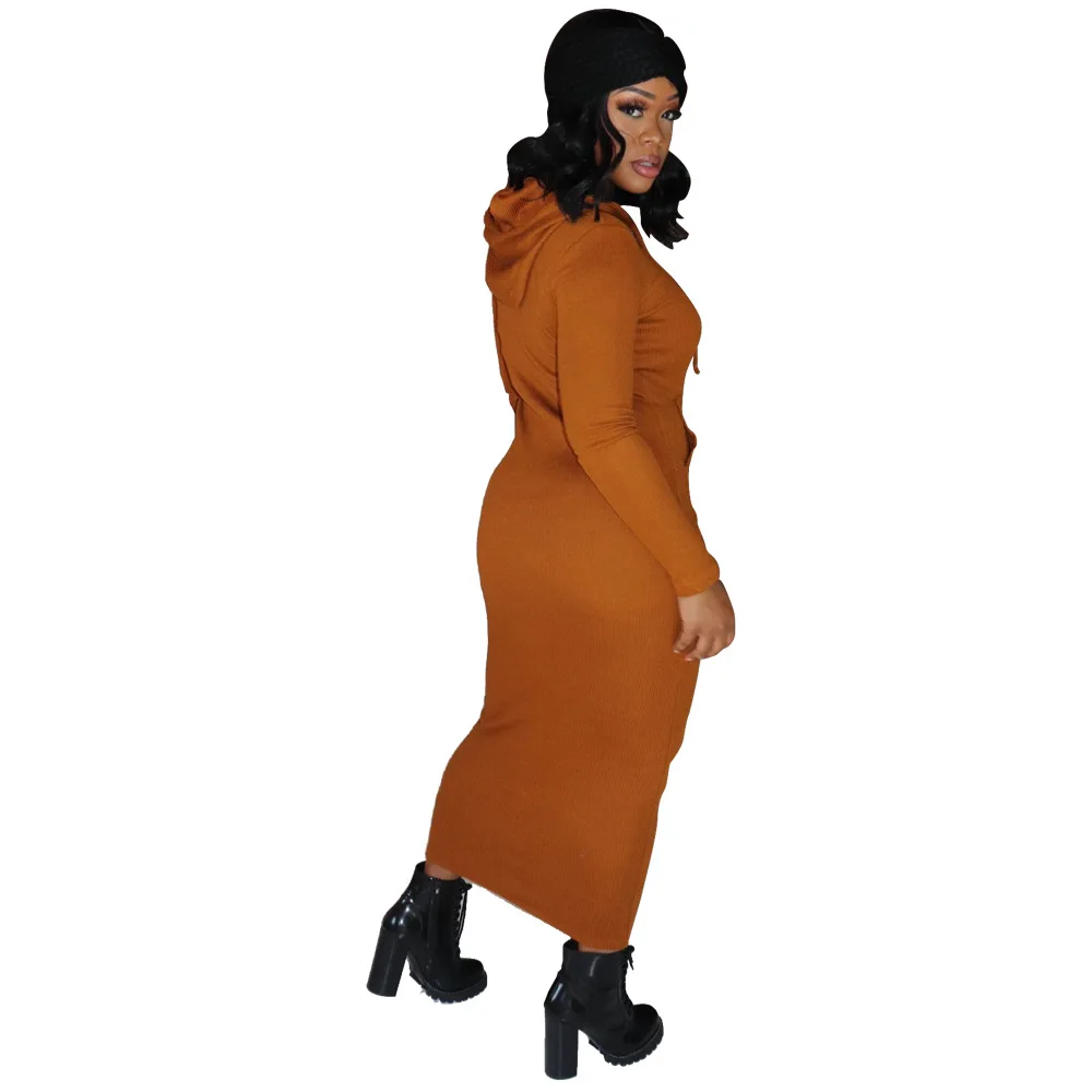 
OR8812 fashion autumn and winter solid color hooded knitted dress winter female long bodycon dress women clothes dress 