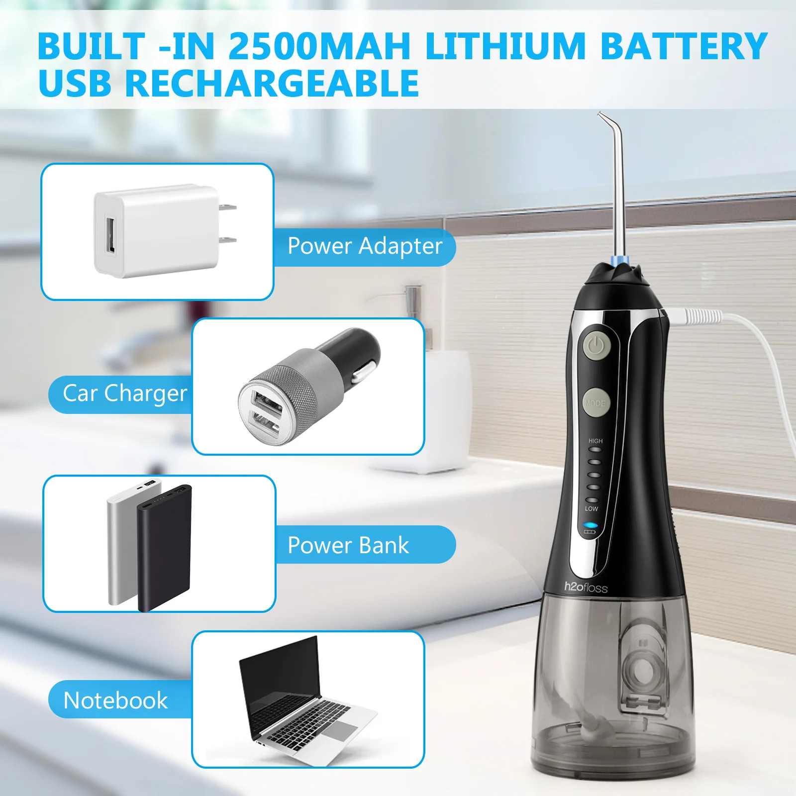 h2ofloss 2500mAh Portable Dental IPX7 Waterproof Water Flosser Travel-friendly Dental Pick Jet Dental Flossers