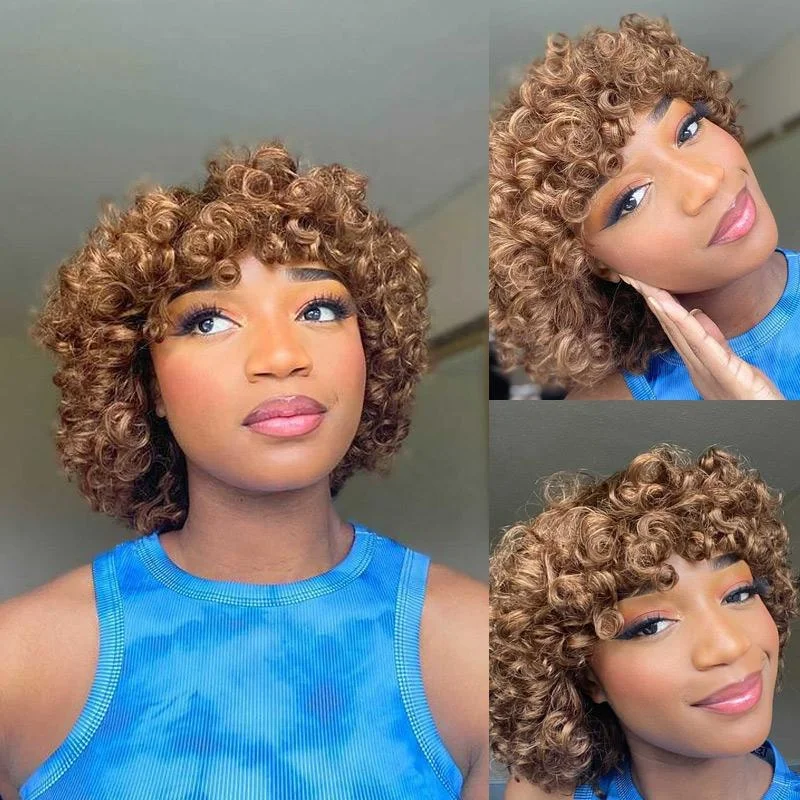 Virgin Brazilian Rose Curly Wig with Bangs Spicy Golden Brown Human Hair Full Machine Deep Wave Short Bob Wigs for Black Women