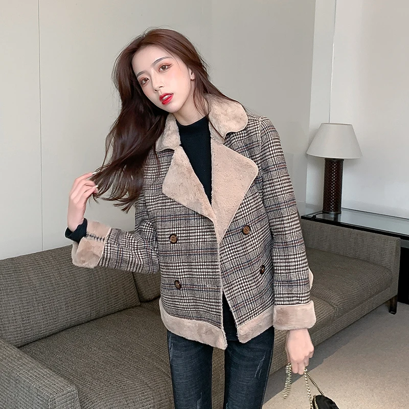 Fleece Coat Ladies Short Jacket Korean Loose New Autumn Winter Fashion Thick Plaid Faux Lamb Wool Coat Women Jacket