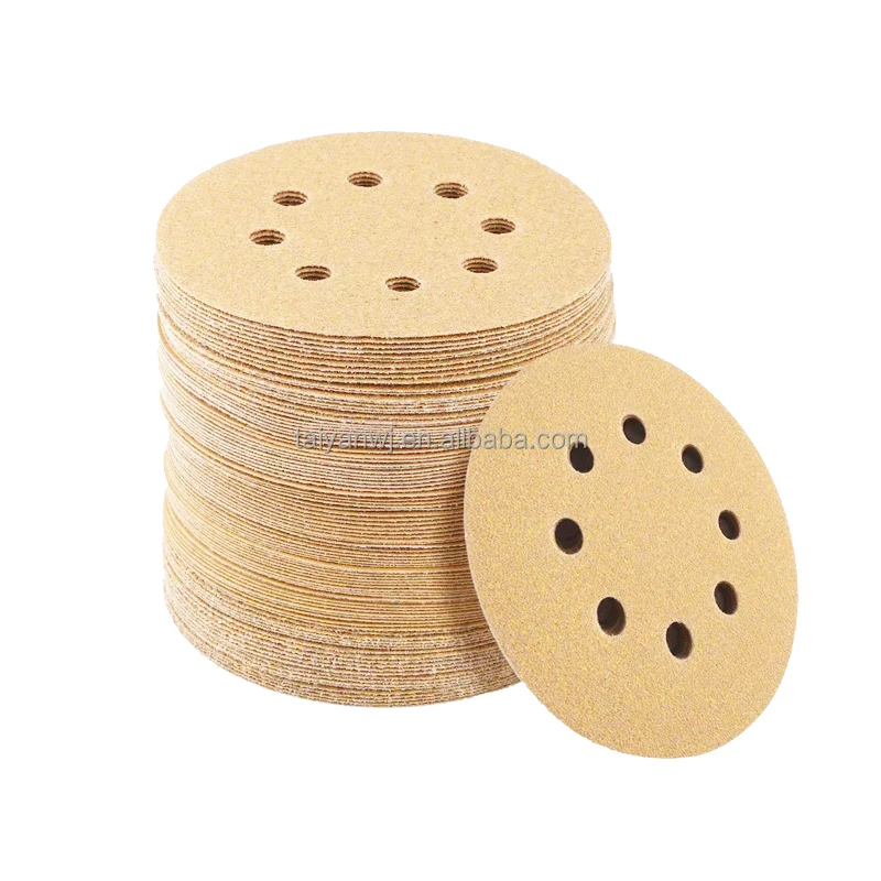 5 Inch 8 Holes 125 mm Yellow Sandpaper Discs Yellow Sanding Pads Hook and Loop Sanding Disc for Automotive Woodworking