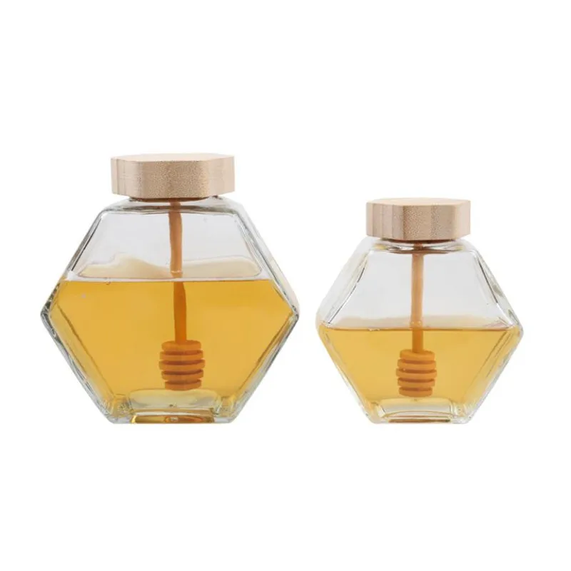 
High Quality 220ml/380ml Glass Storage Bottle Glass Honey Jar with Wooden Honey Stick Spoon 