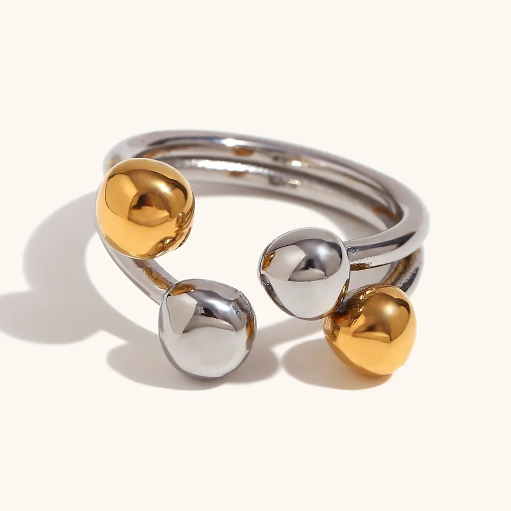 18K Gold Plated Stainless Steel Trendy Personalized Two Tone Open Ball Adjustable Circular Heart Ring Jewelry