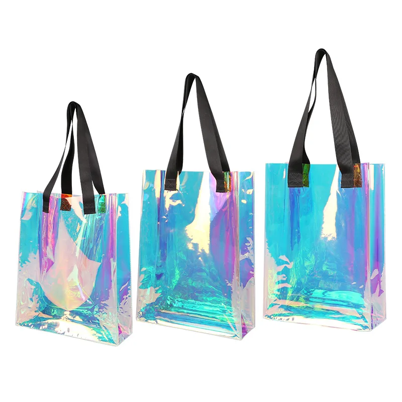 Custom Logo PVC Clear Laser Gift Bag for Women Waterproof Transparent Holographic Packaging Summer Beach Tote Two Open PU